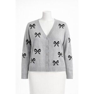 Nikka‎ K Women’s 3X Gray Bow Print Button Front Knit Cardigan Sweater
